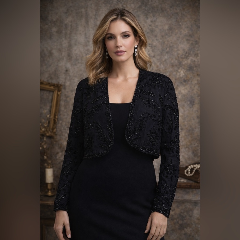 Vintage Adrianna Papell Evening Beaded Black Bolero Formal Shrug Jacket - XL - Picture 2 of 5